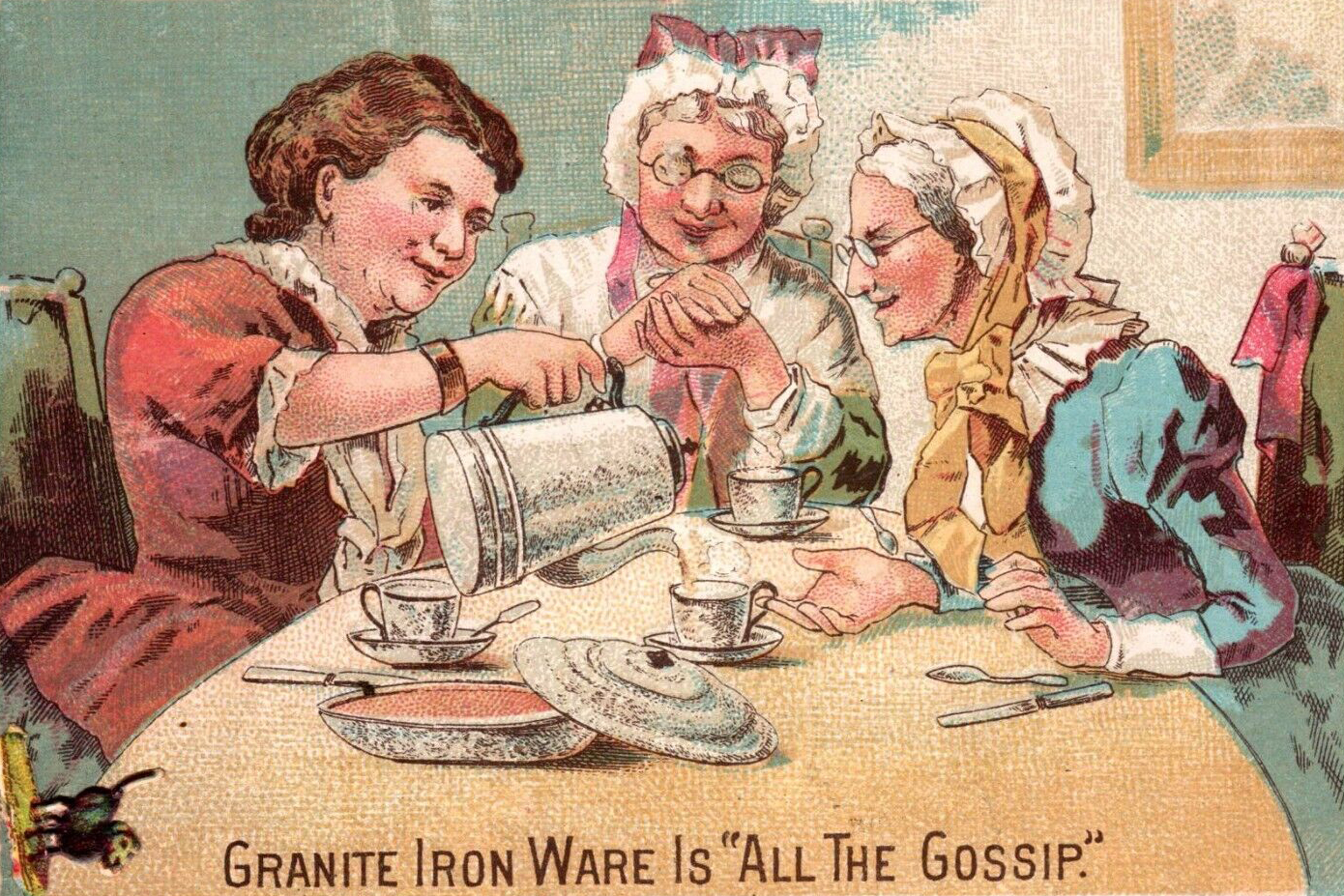 Color print of three elderly women in bonnets watching coffee being poured from an enameled coffee pot.